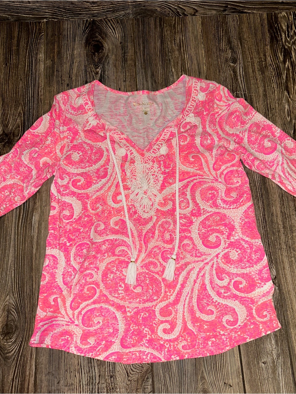Lilly Pulitzer Pink Paisley Tassel Tie V-Neck Tunic Cotton Beach Size Medium